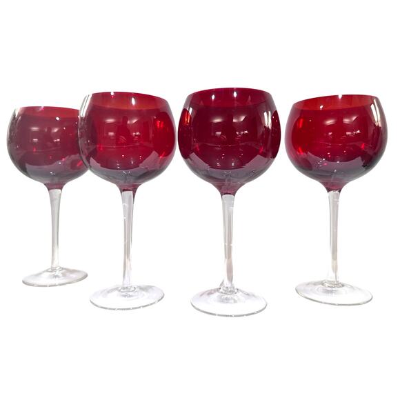 Ruby Red Elegant Balloon Wine Glasses Goblets with Clear Stem-Set of 4 - Picture 7 of 9